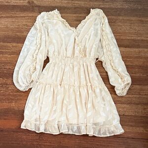 Peach Love California Cream Ruffled Sheer Sleeve Dress Size Small